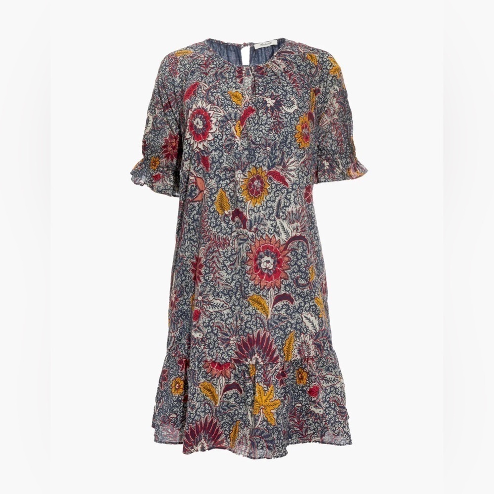 Madewell Women's Ruffle Sleeve Popover Mini Cotton Blend Dress in Bali Blooms M